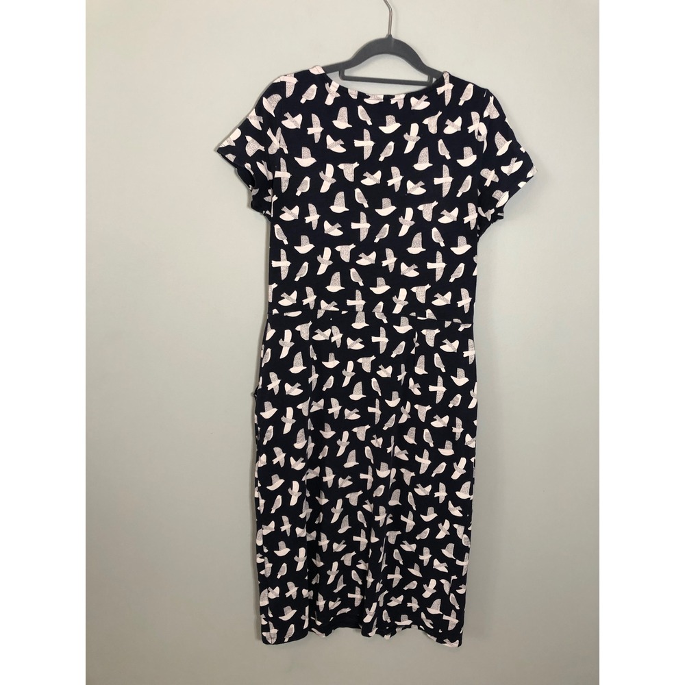 Boden Bird Print Jersey Dress Women 8L Navy Blue Short Sleeve Pockets WW202 - Picture 6 of 10